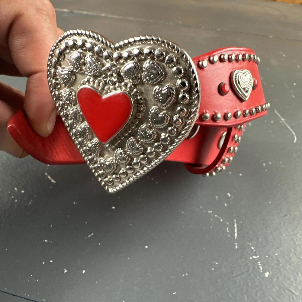 Nocona Belt Teen Girls Red Leather Heart Conch Ribbon Studded Buckle Size 22 NWT